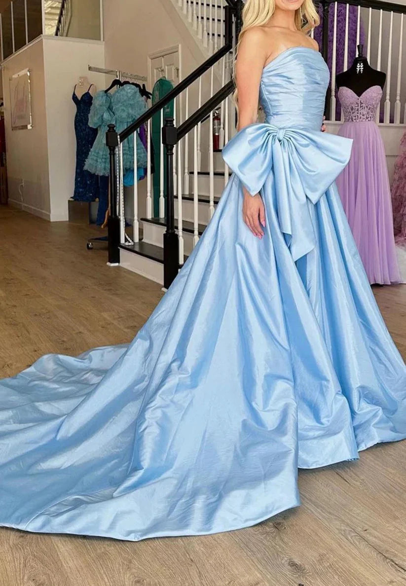 Strapless Pleats Cute Bow Long Prom Dress with Slit simple gentle atmospheric and unique desi Bring summer colors to enhance whiteness