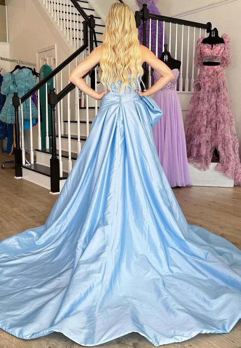 Strapless Pleats Cute Bow Long Prom Dress with Slit simple gentle atmospheric and unique desi Bring summer colors to enhance whiteness