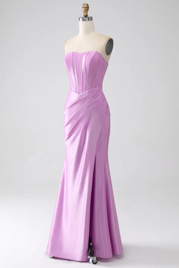 Strapless Purple Mermaid Corset Prom Dress with Pleated simple gentle atmospheric and unique desi