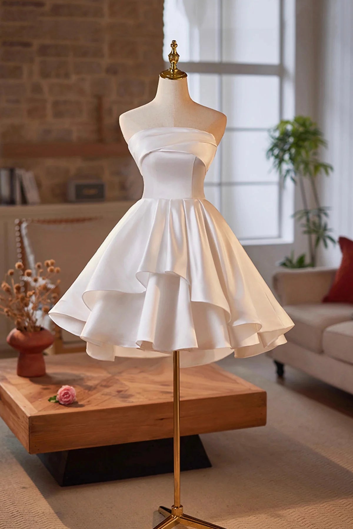 Strapless Satin Short Prom Dress White A-Line Evening Party Dress simple gentle atmospheric and unique desi Brin