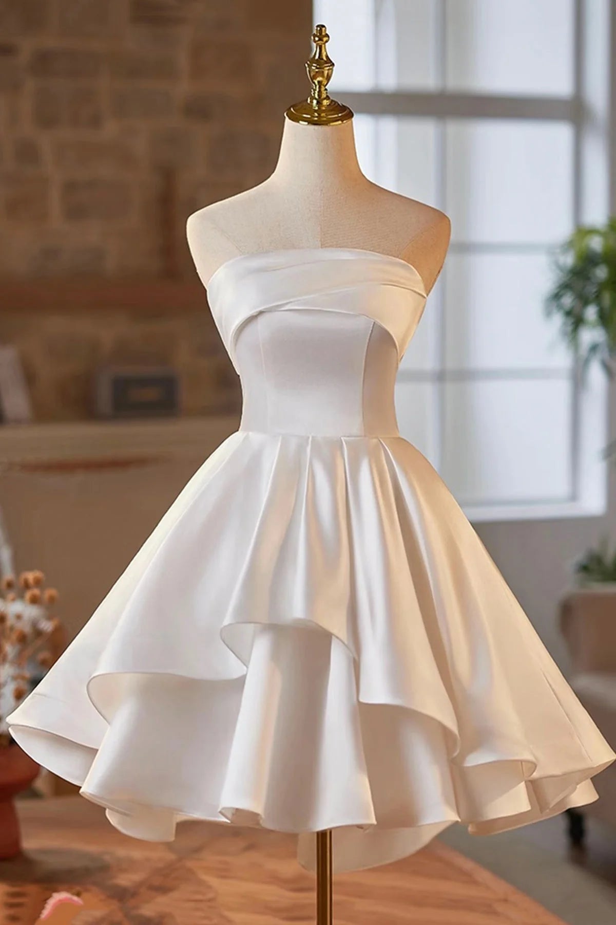 Strapless Satin Short Prom Dress White A-Line Evening Party Dress simple gentle atmospheric and unique desi Brin