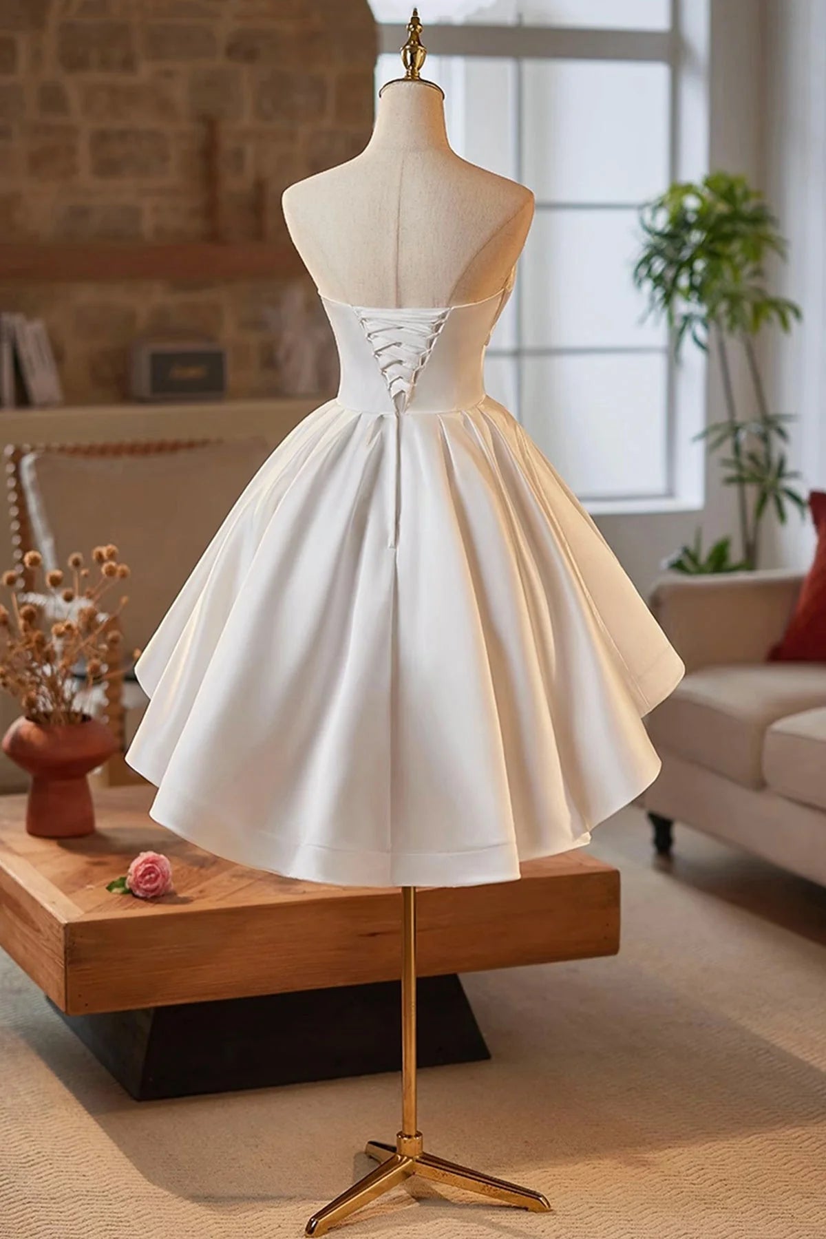 Strapless Satin Short Prom Dress White A-Line Evening Party Dress simple gentle atmospheric and unique desi Brin