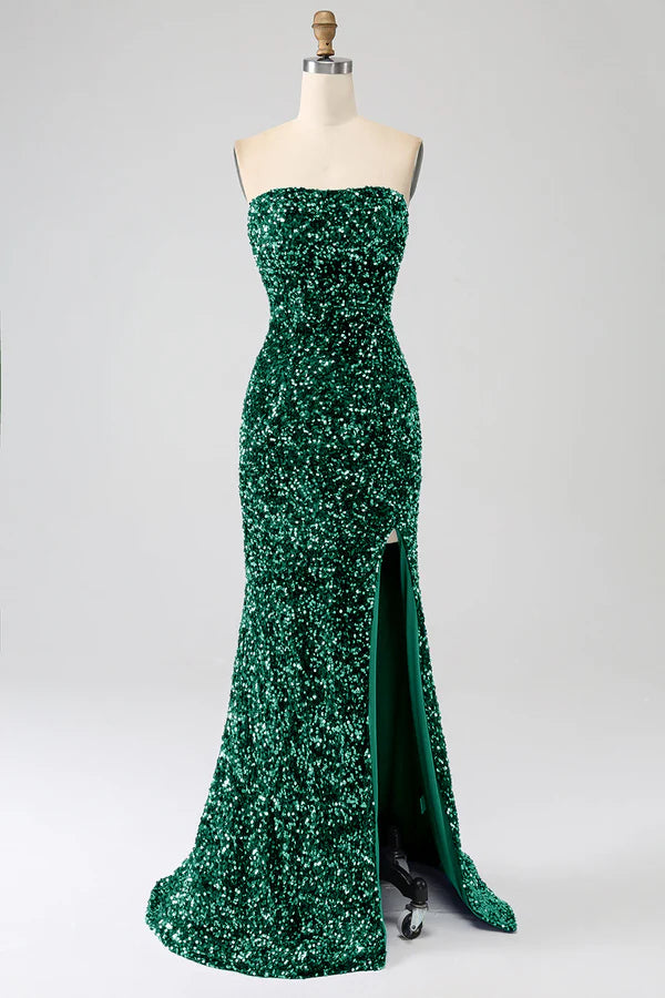 Strapless Sequins Long Prom Dress With Slit simple gentle atmospheric and unique desi