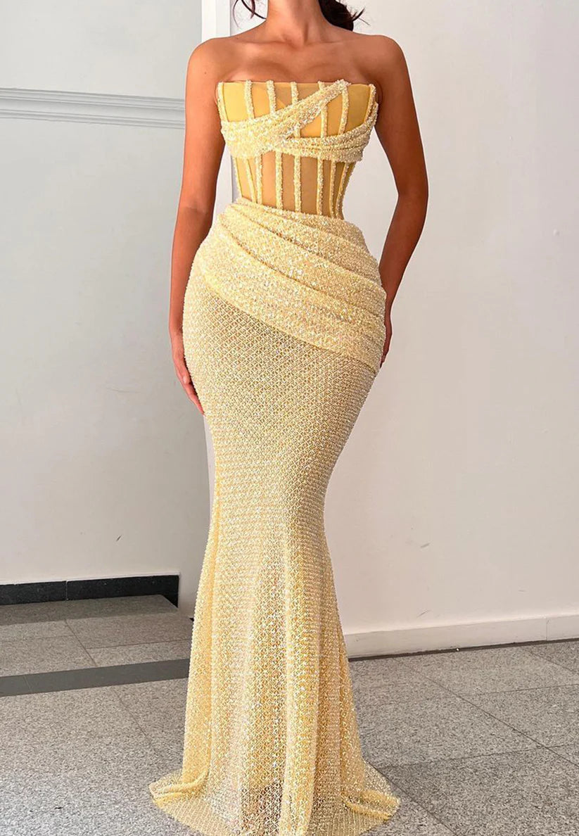 Strapless Straight Across Ruched Mermaid Prom Dress simple gentle atmospheric and unique desi Bring summer colors to enhance whiteness