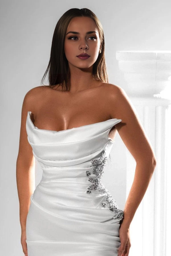 Strapless White Prom Dress Pleats Mermaid With Slit Simple gentle atmospheric and unique design