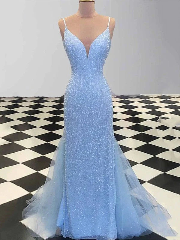 Straps Light Blue Sequin Prom Dresses simple gentle atmospheric and unique desi Bring summer colors to enhance whiteness