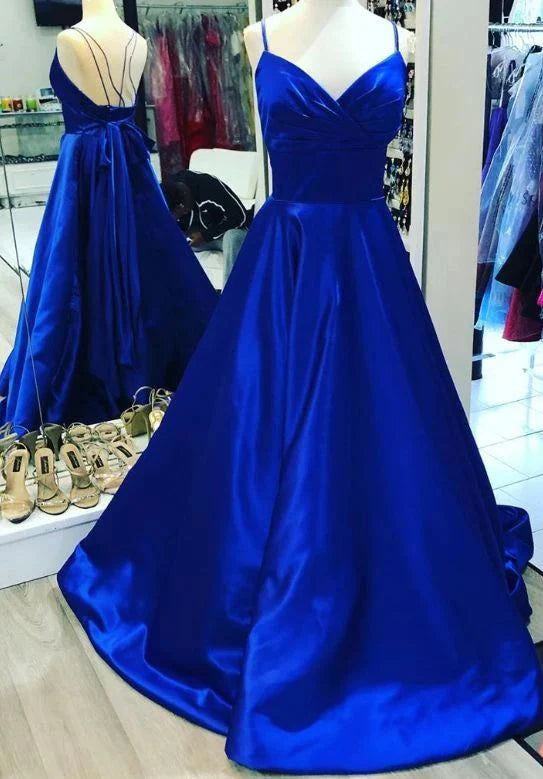 Straps Royal Blue Long Party prom Dress with Bow  simple gentle atmospheric and unique desi Bring summer colors to enhance whiteness