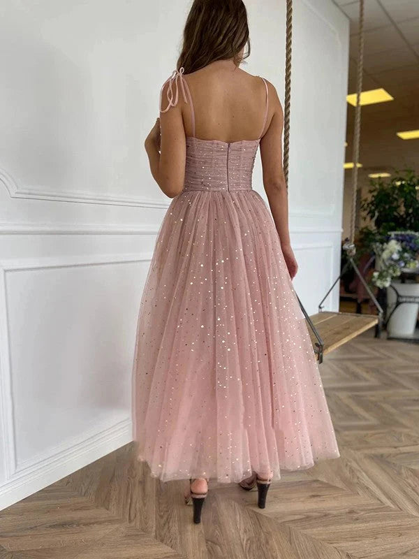 Straps Tulle Dusty Pink Prom Dress Short With Sequins Simple gentle atmospheric and unique design