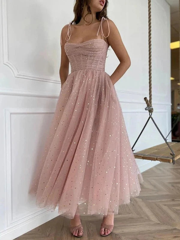 Straps Tulle Dusty Pink Prom Dress Short With Sequins Simple gentle atmospheric and unique design