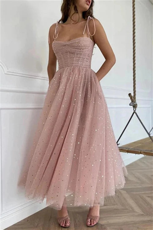 Straps Tulle Dusty Pink Prom Dress Short With Sequins Simple gentle atmospheric and unique design