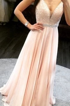 Straps pink long prom dress, sparkly v neck chiffon long prom dress party dress simple gentle atmospheric and unique desi Bring summer colors to enhance whiteness