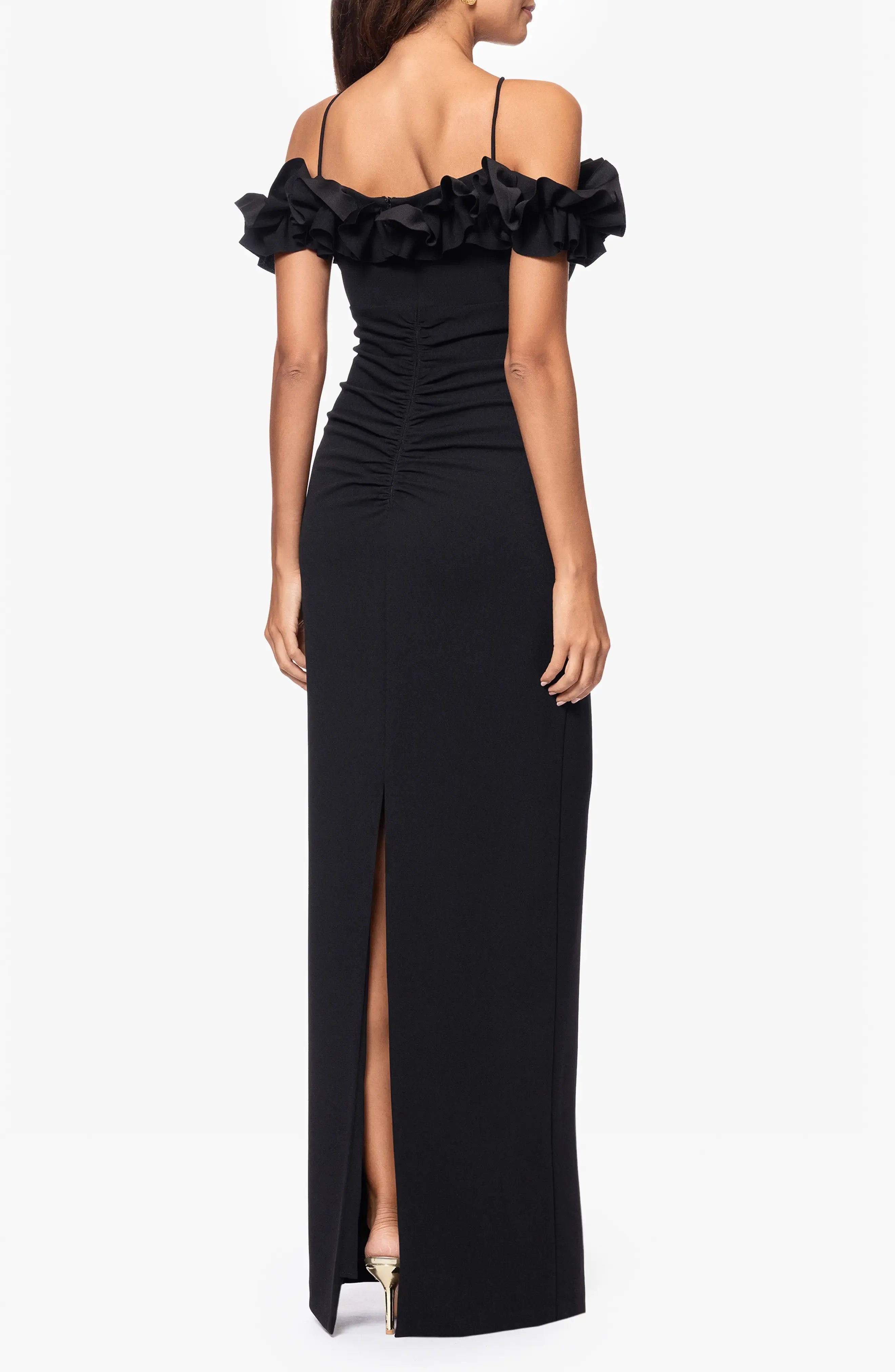 Streamlined Sheath Cold Shoulder Ruffled Sleeve Slit Back Floor Length For Sale Evening Dress