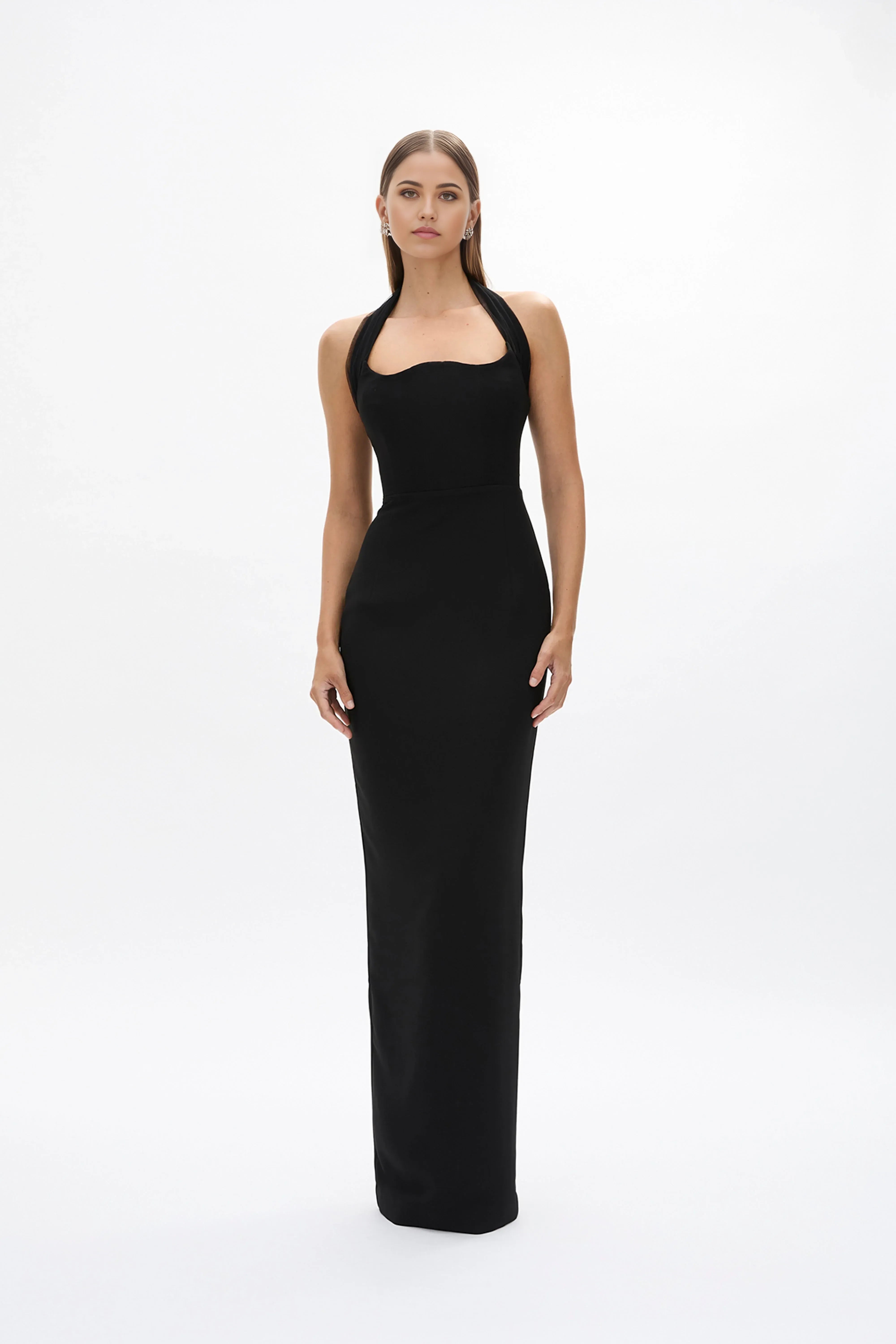 Streamlined Sheath Square Neck Halter Strap Open Back Floor Length Female Evening Dress