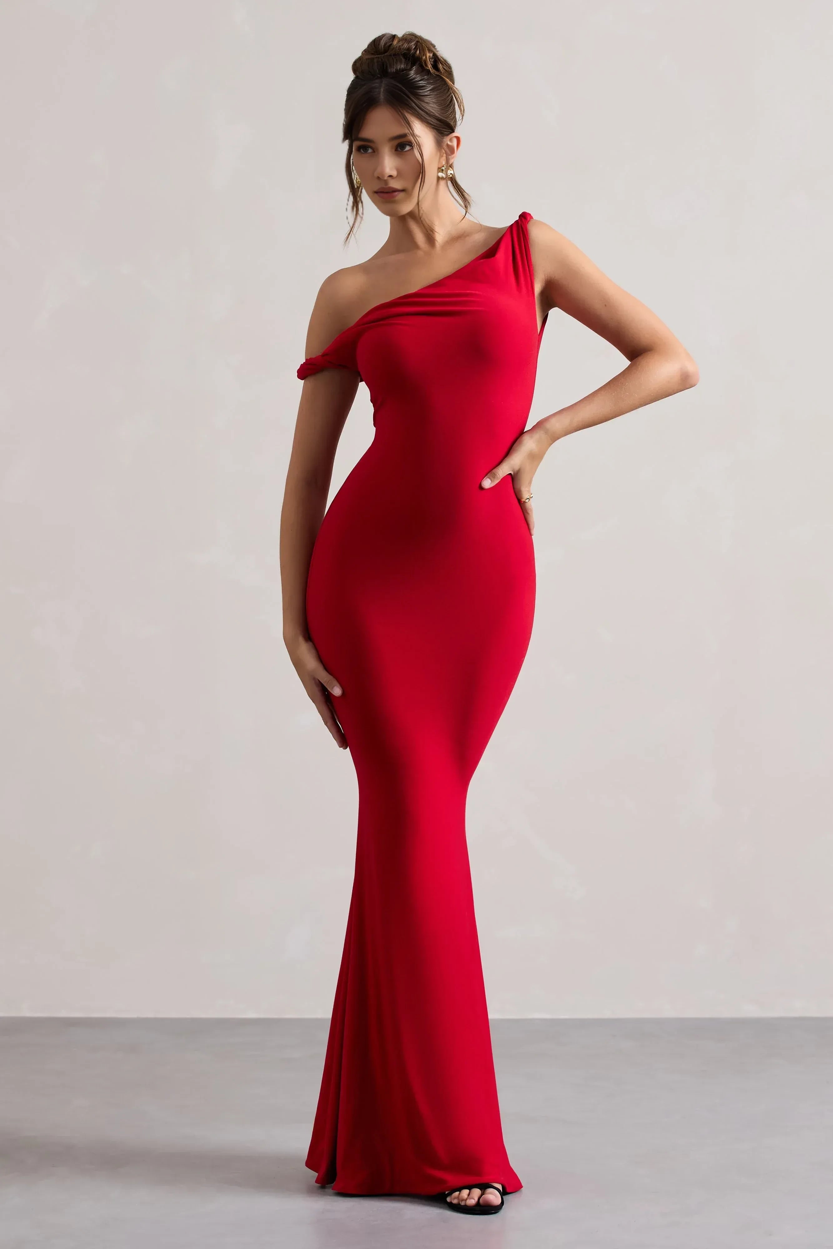 Striking Mermaid One Shoulder Draped Accent Sleeveless Floor Length Prom Dress