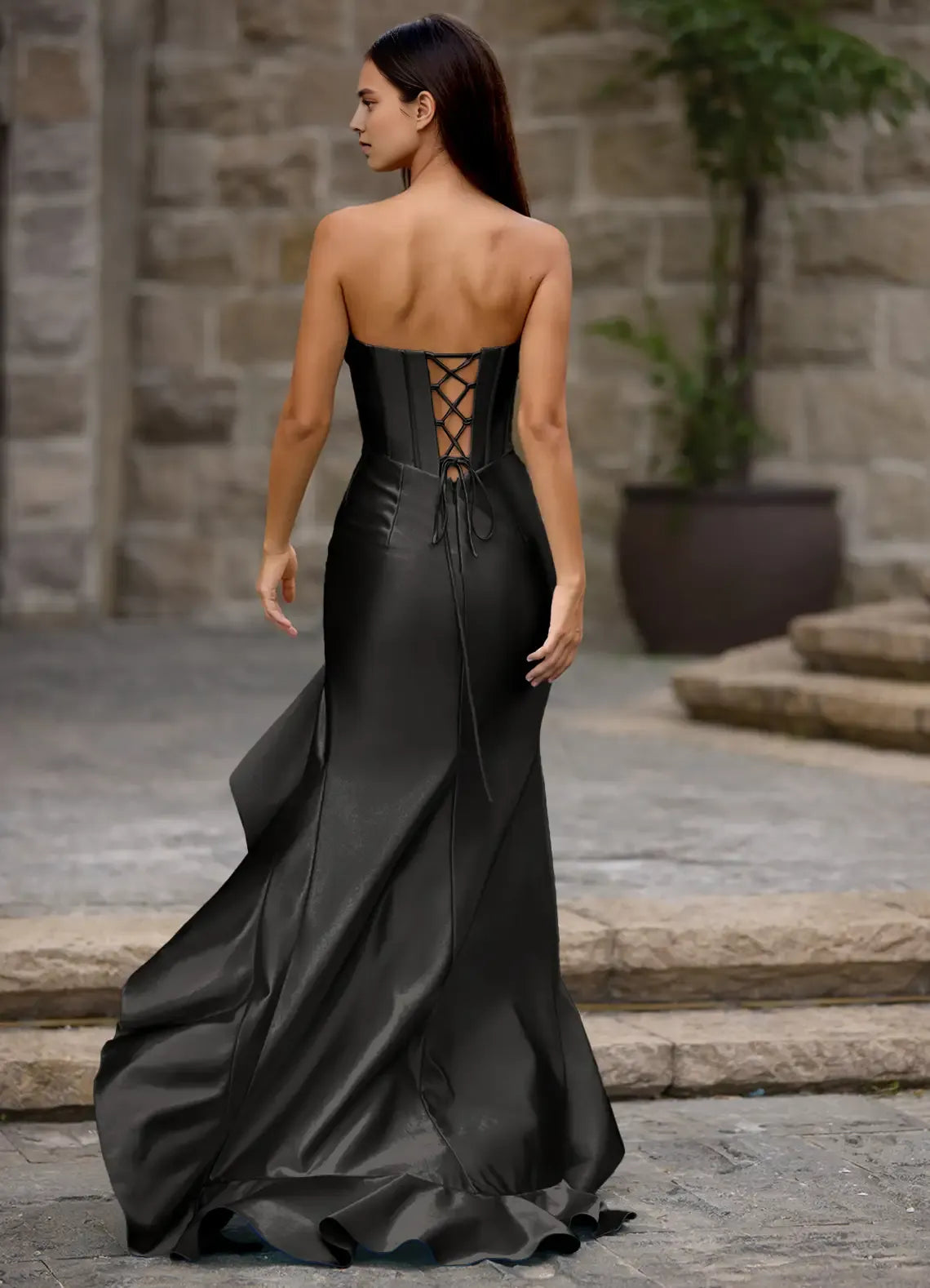 Structured Mermaid Sweetheart Neck Strapless Crisscross Lace Up Back Ruffled High Slit Floor Length For Ladies Evening Dress
