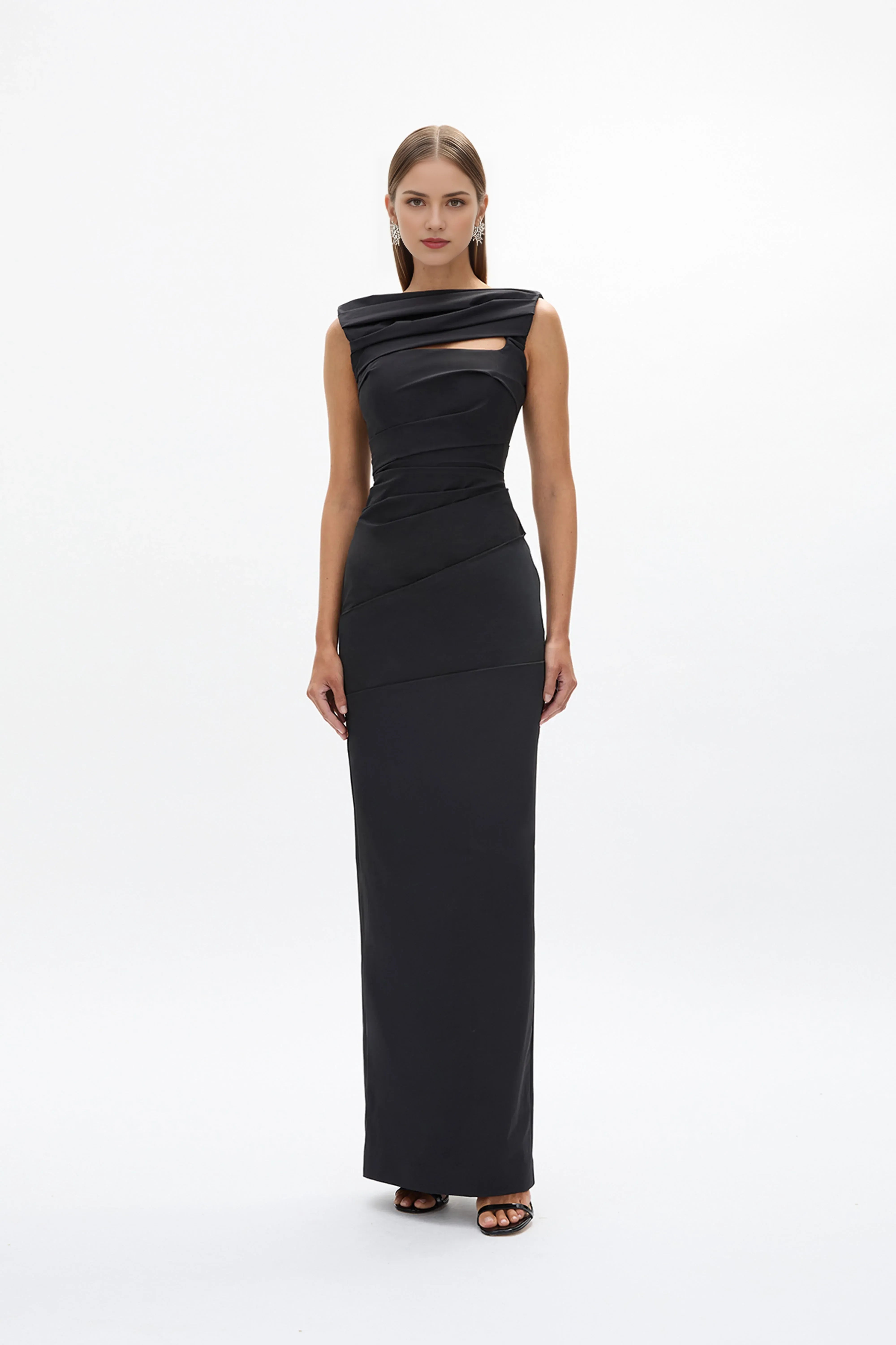 Structured Sheath Cowl Neck Sleeveless Zipper Back Cutout Floor Length Hot sale Evening Dress