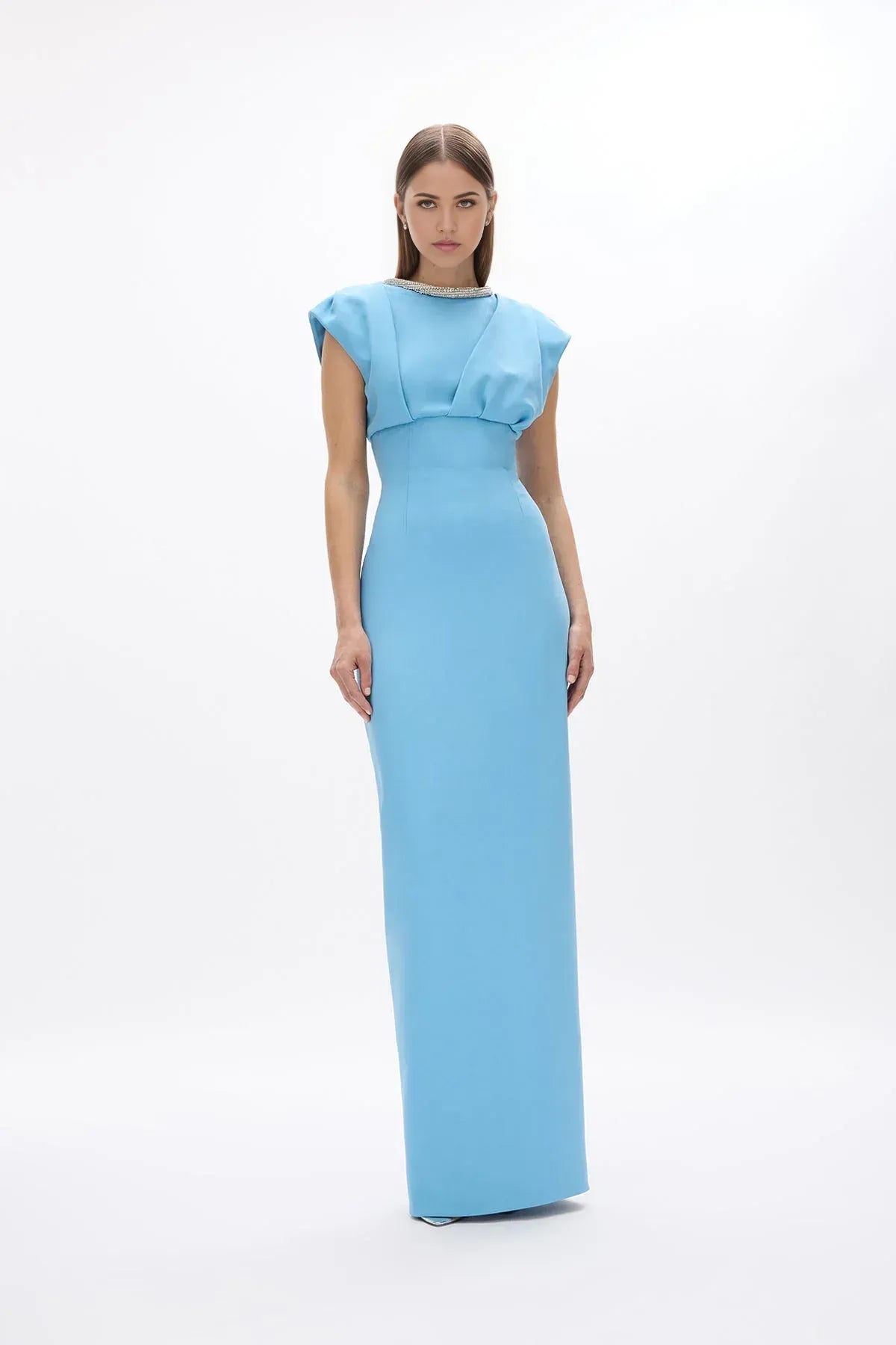 Structured Sheath Crew Neck Cap Sleeve Zipper Back High Slit Floor Length Hot sale Prom Dress