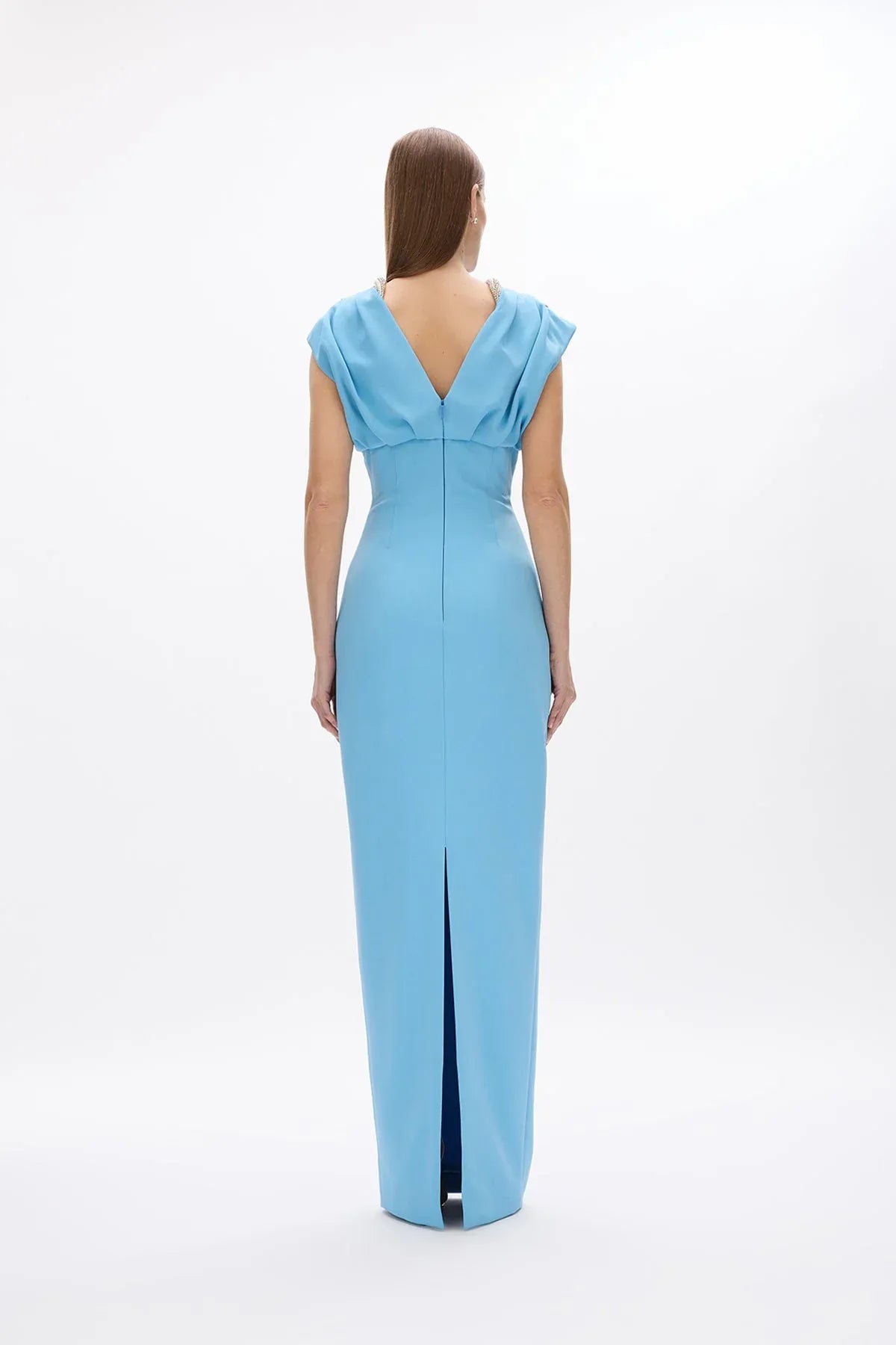 Structured Sheath Crew Neck Cap Sleeve Zipper Back High Slit Floor Length Hot sale Prom Dress