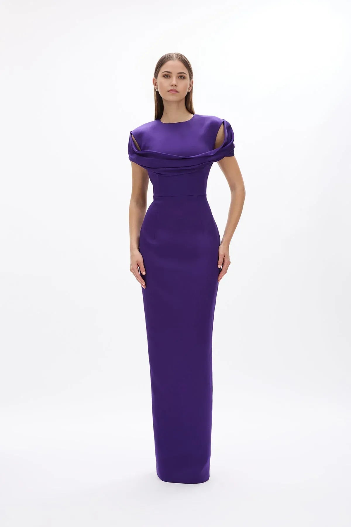 Structured Sheath Crew Neck Draped Sleeve Zipper Back High Slit Floor Length Hot sale Prom Dress