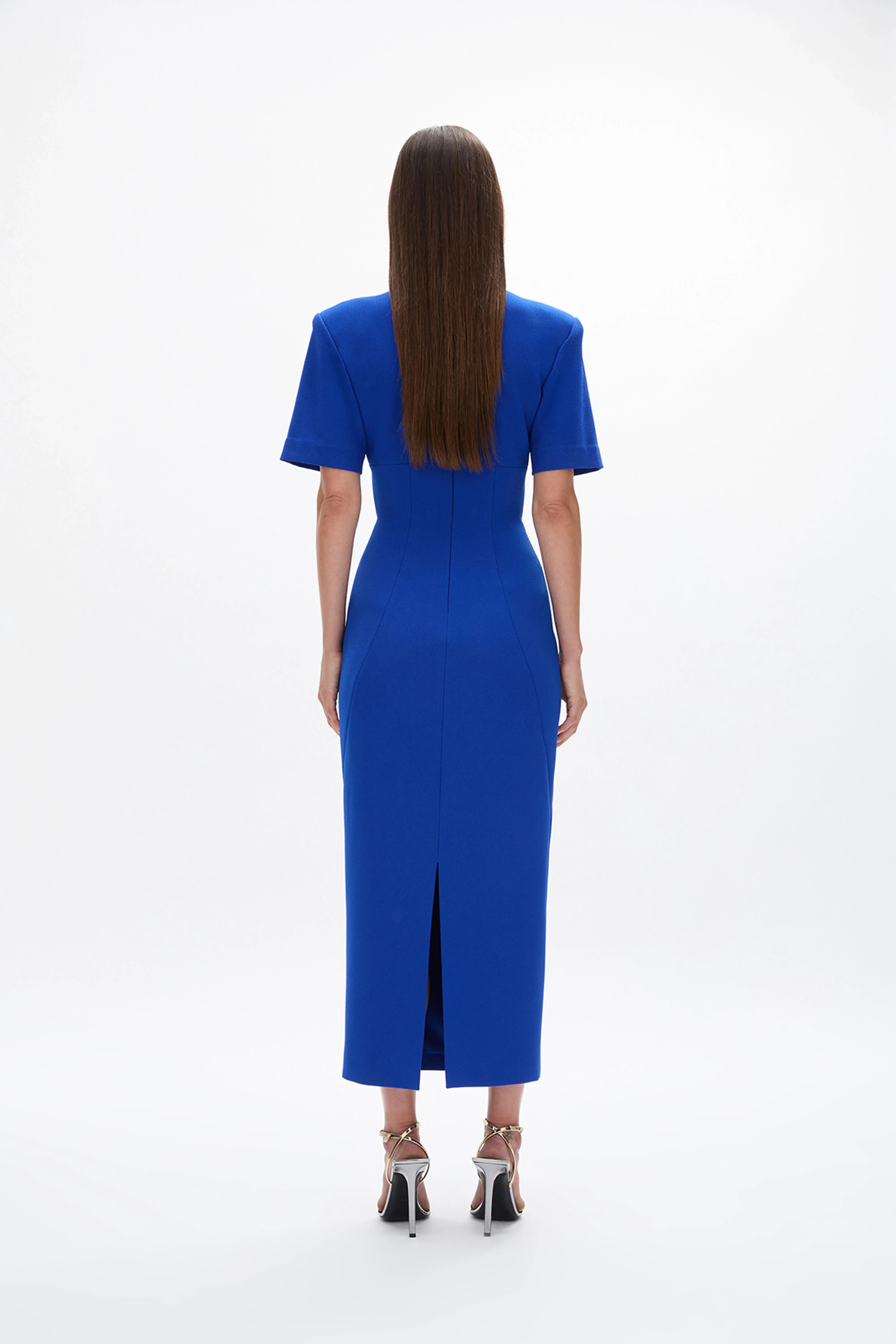 Structured Sheath Crew Neck Short Sleeve Zipper Back High Slit Midi Length For Sale Prom Dress