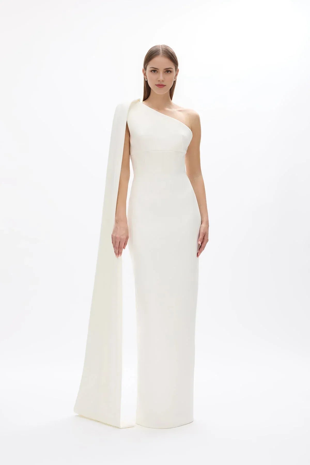 Structured Sheath One Shoulder Cape Sleeve V Back Floor Length Hot sale Prom Dress