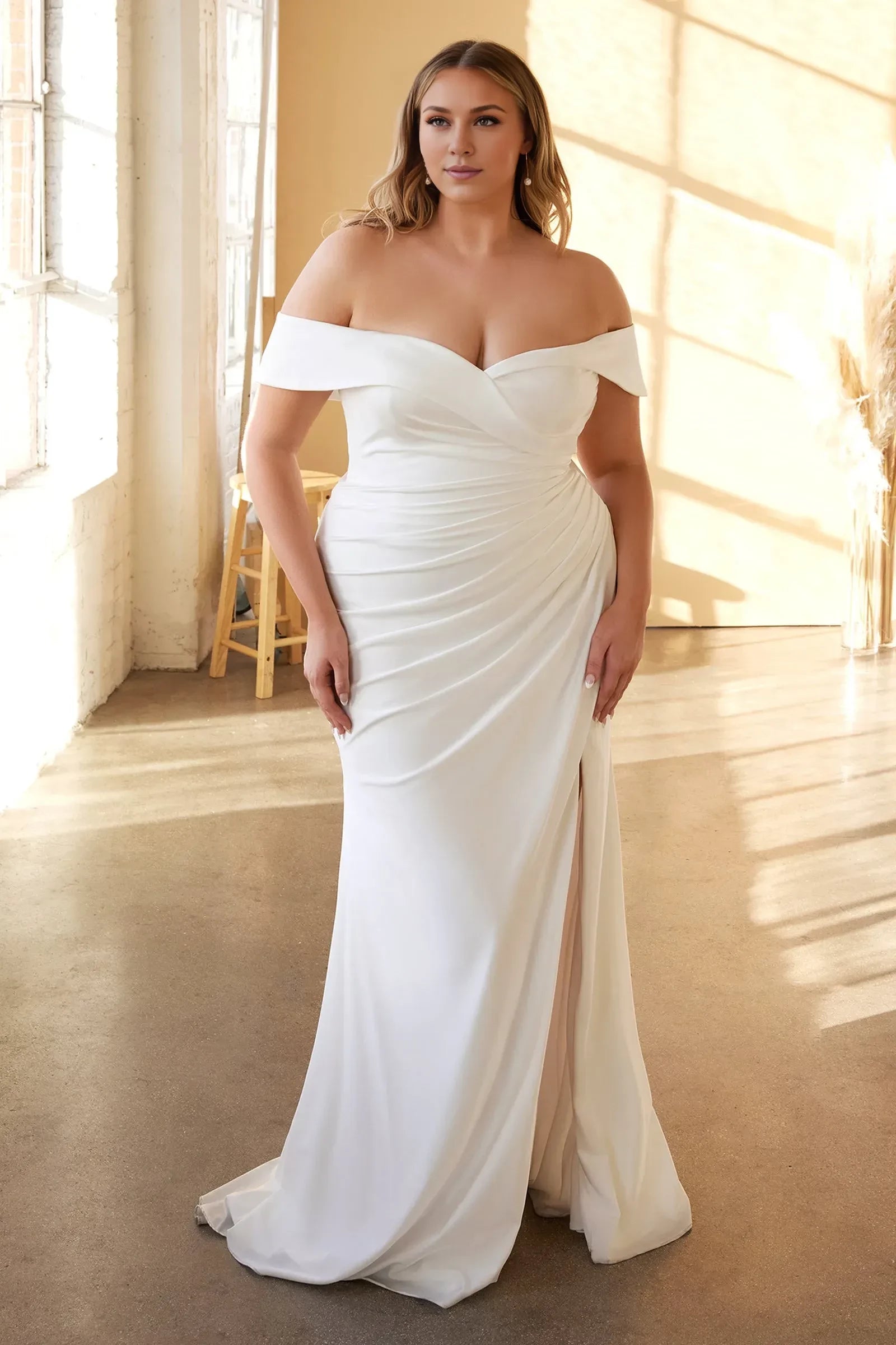Stunning Plus Size Trumpet Off Shoulder Short Sleeve Open Back Floor Length Wedding Dress