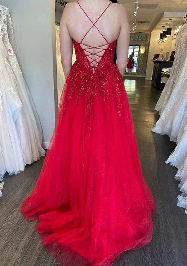 Stunning A-Line Tulle Prom Dress/Evening Dress with Appliqued Beading and Glitter Simple gentle atmospheric and unique design