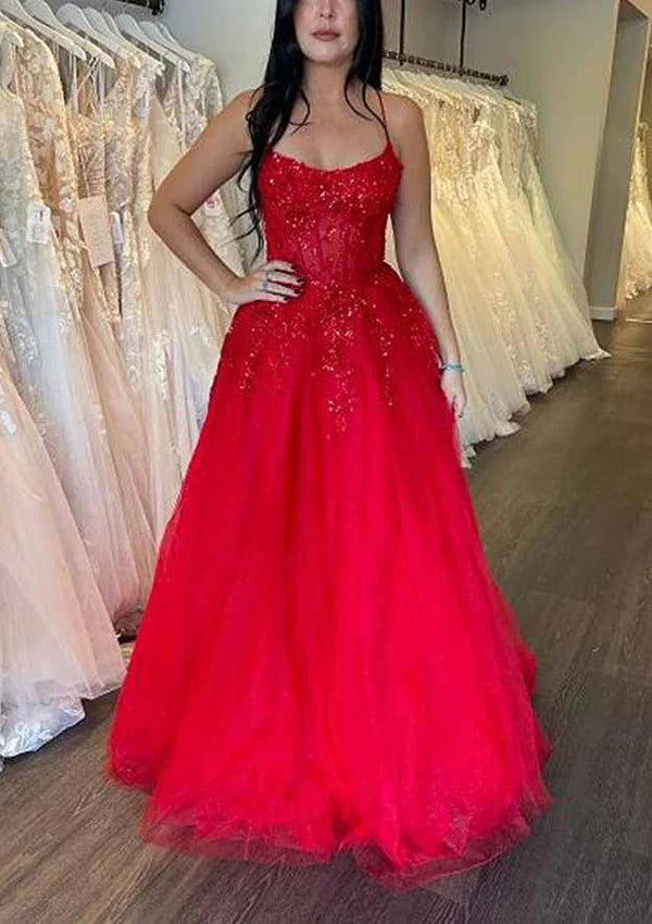 Stunning A-Line Tulle Prom Dress/Evening Dress with Appliqued Beading and Glitter Simple gentle atmospheric and unique design