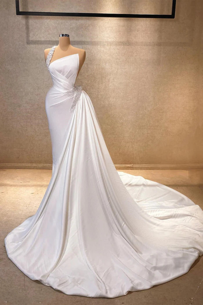 Stunning A-line One Shoulder Sleeveless Rhinestone Satin Train White Long Prom Dress Simple gentle atmospheric and unique design