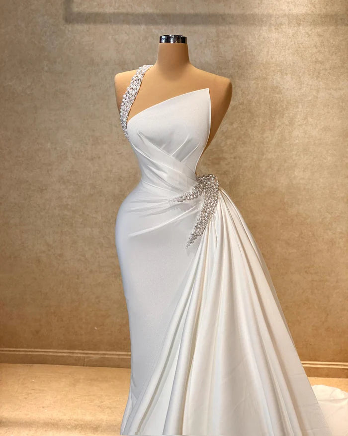 Stunning A-line One Shoulder Sleeveless Rhinestone Satin Train White Long Prom Dress Simple gentle atmospheric and unique design