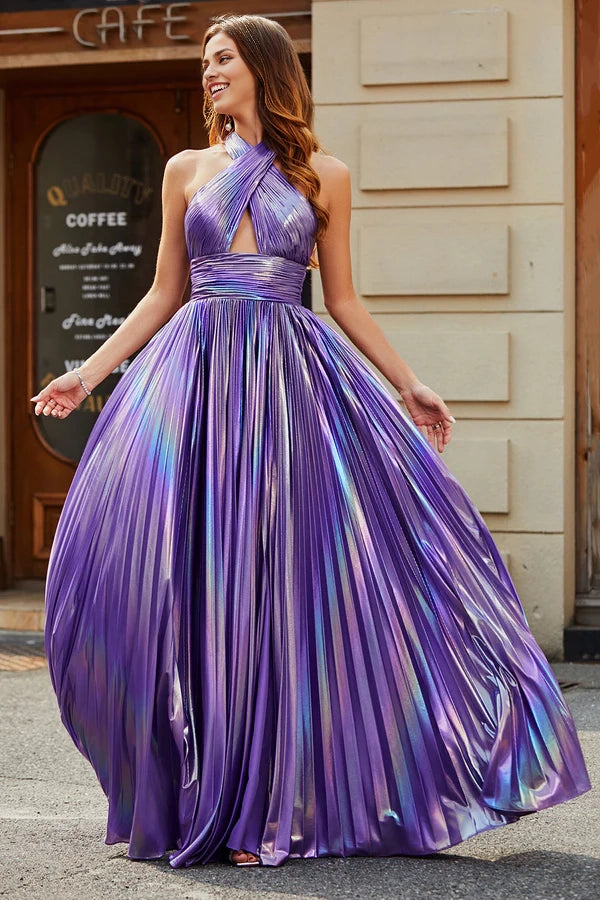 Stunning A Line Halter Neck Purple Long Prom Dress with Keyhole Split Front simple gentle atmospheric and unique desi