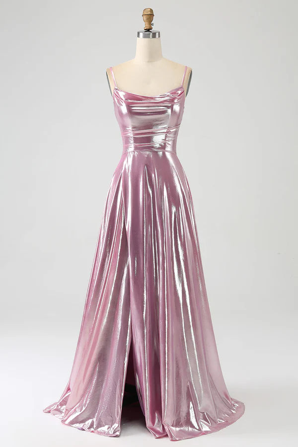 Stunning A Line Spaghetti Straps Pink Long Prom Dress with Split Front simple gentle atmospheric and unique desi
