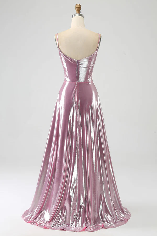 Stunning A Line Spaghetti Straps Pink Long Prom Dress with Split Front simple gentle atmospheric and unique desi
