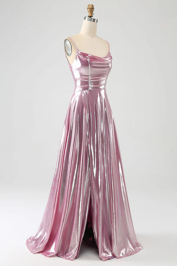 Stunning A Line Spaghetti Straps Pink Long Prom Dress with Split Front simple gentle atmospheric and unique desi