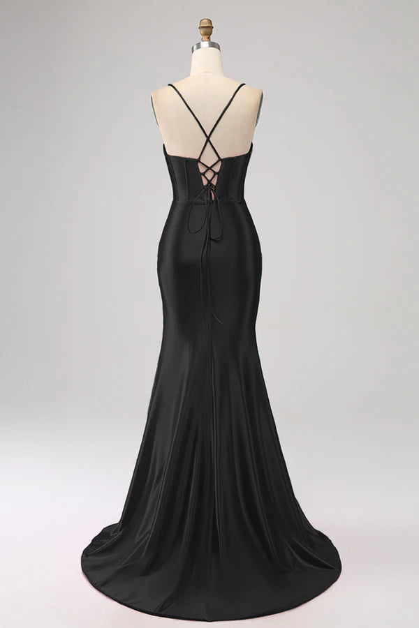 Stunning Black Mermaid Spaghetti Straps Corset Prom Dress with  Split Front spheric and unique desigentle atmospheric and unique desi