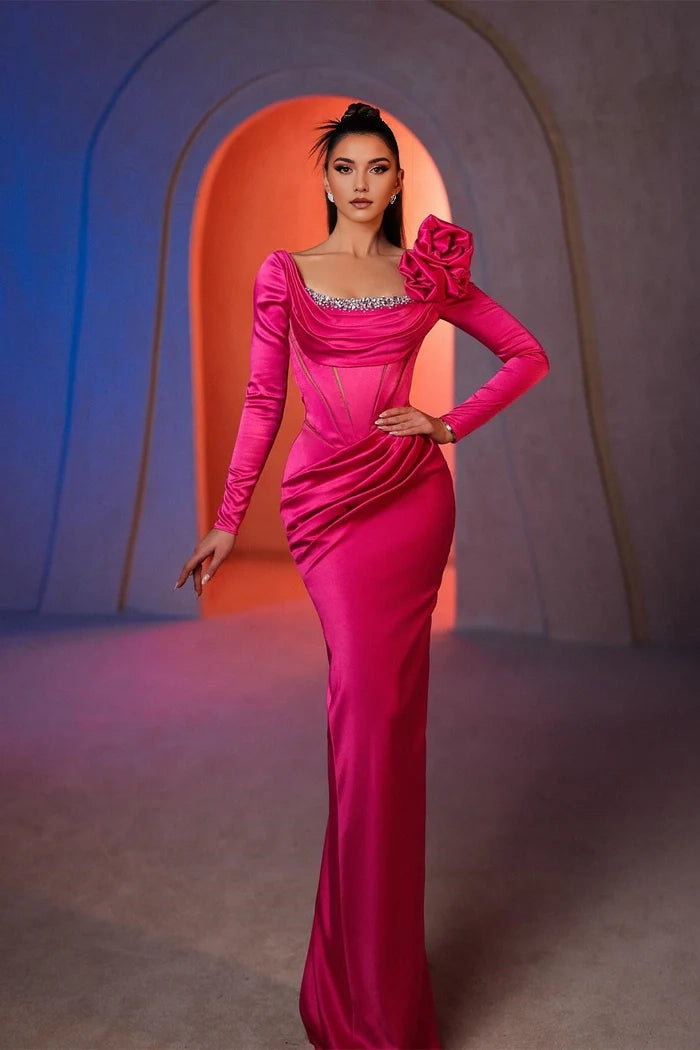 AStunning Column Square Long Sleeve Rhinestone Satin Prom Dress Simple gentle atmospheric and unique design