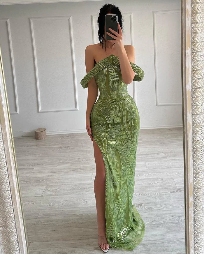 Stunning Mermaid Sleeveless Satin Sequined Split Lime Green Prom Dress Simple gentle atmospheric and unique design