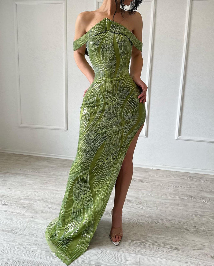 Stunning Mermaid Sleeveless Satin Sequined Split Lime Green Prom Dress Simple gentle atmospheric and unique design