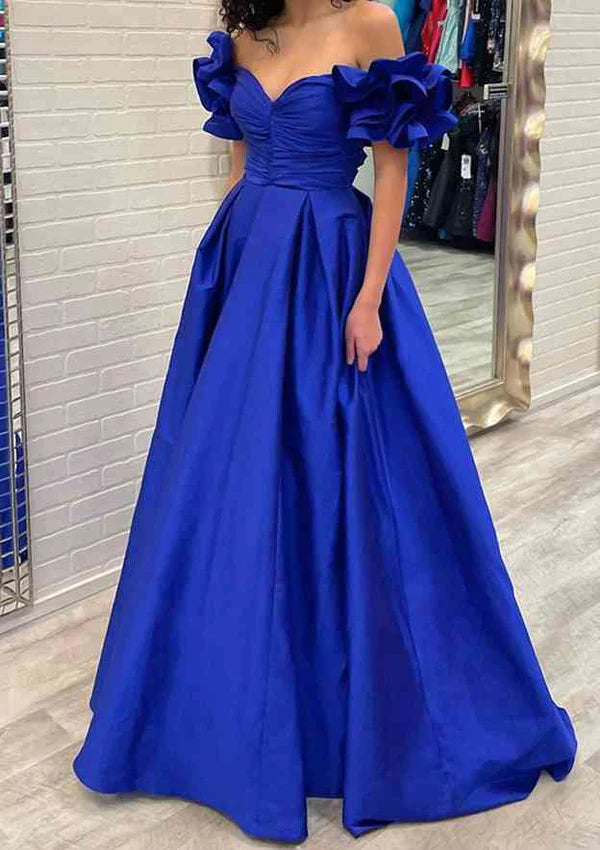 Stunning Off-the-Shoulder Short Sleeve Taffeta Ball Gown with Pleated Ruffles and Sweep Train Prom Dress/Evening Dress Simple gentle atmospheric and unique design