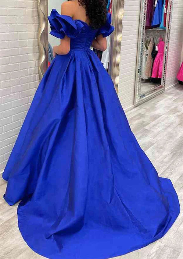 Stunning Off-the-Shoulder Short Sleeve Taffeta Ball Gown with Pleated Ruffles and Sweep Train Prom Dress/Evening Dress Simple gentle atmospheric and unique design