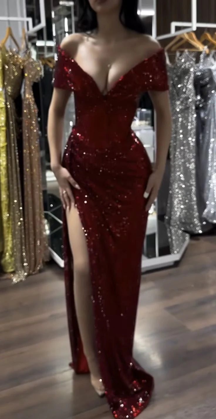 Stunning Off The Shoulder Sequin Evening Dress Glamour Burgundy Slit Party Gown simple gentle atmospheric and unique desi Bring summer colors to enhance whiteness