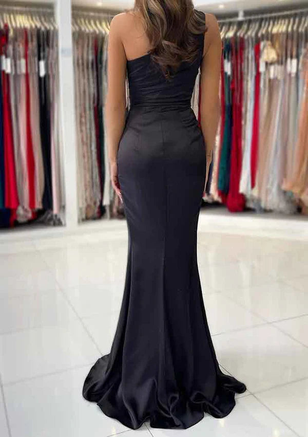 Stunning One-Shoulder Long Prom Dress/Evening Dress with Split Pleated Sheath/Column Silky Satin Skirt Simple gentle atmospheric and unique design