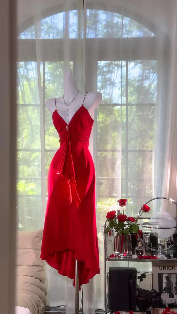 Stunning Red Mermaid Spaghetti Strap Beaded Chiffon Homecoming Dress Cocktail Dress simple gentle atmospheric and unique desi Bring summer colors to enhance whiteness