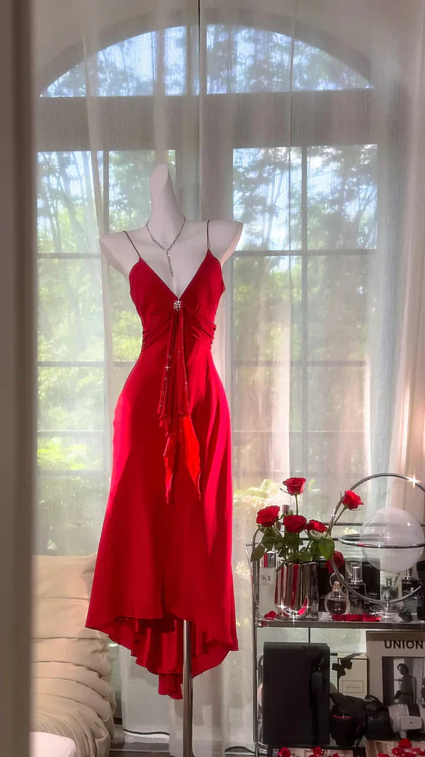 Stunning Red Mermaid Spaghetti Strap Beaded Chiffon Homecoming Dress Cocktail Dress simple gentle atmospheric and unique desi Bring summer colors to enhance whiteness