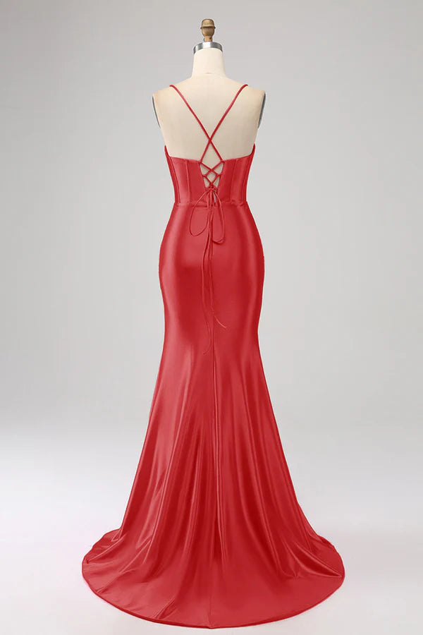 Stunning Red Mermaid Spaghetti Straps Corset Prom Dress with Split Front spheric and unique desigentle atmospheric and unique desi