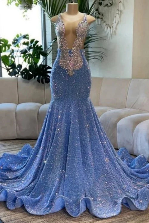 Stunning Sleeveless Glitter Mermaid Prom Dress with Gold Crystals for Evening Gown Simple gentle atmospheric and unique design