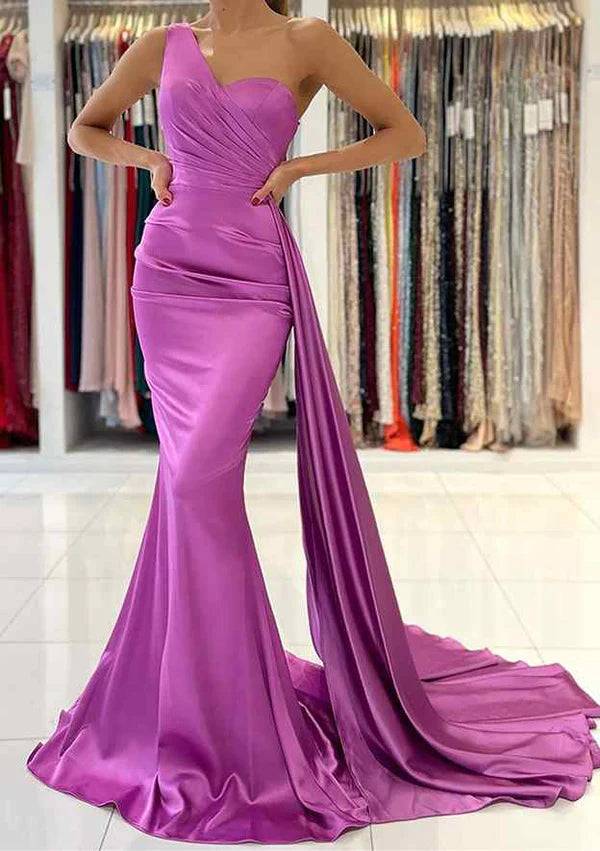 AElegant Trumpet/Mermaid V-Neck Satin Prom Dress/Evening Dress with Sweep Train Simple gentle atmospheric and unique design