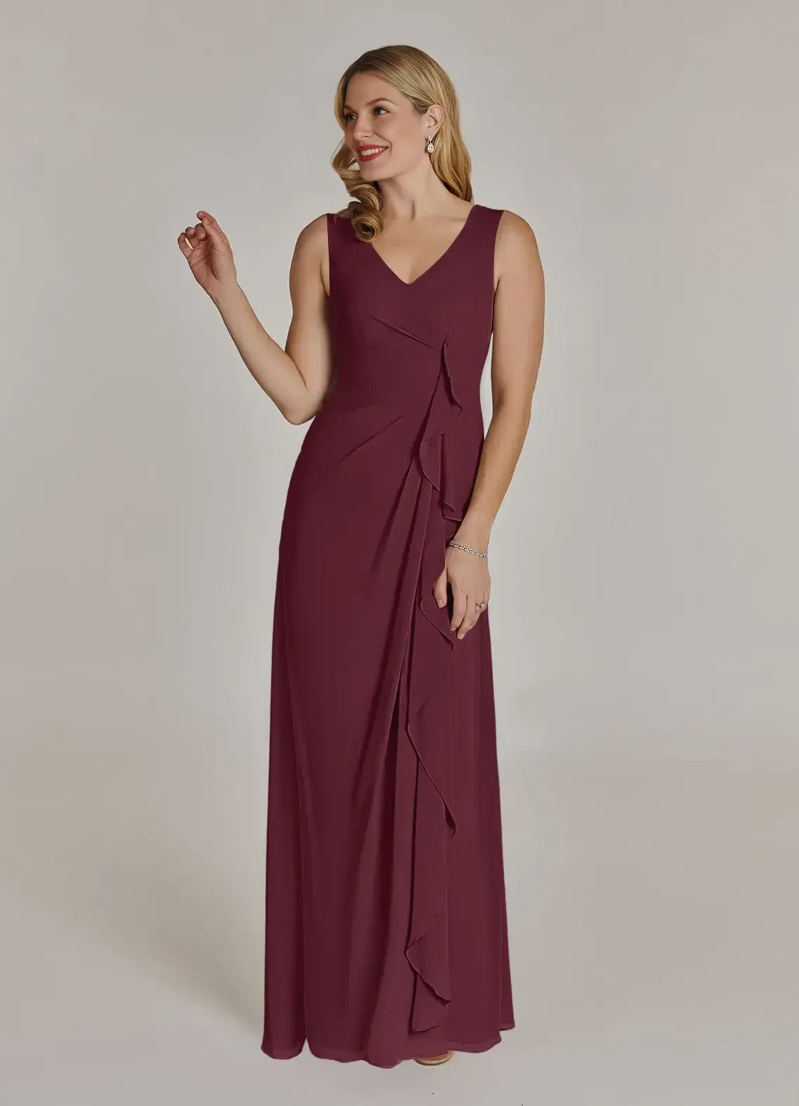 Stylish A Line V Neck Sleeveless Ruched Back Floor Length Mother of the Bride Dress with Chiffon Jacket