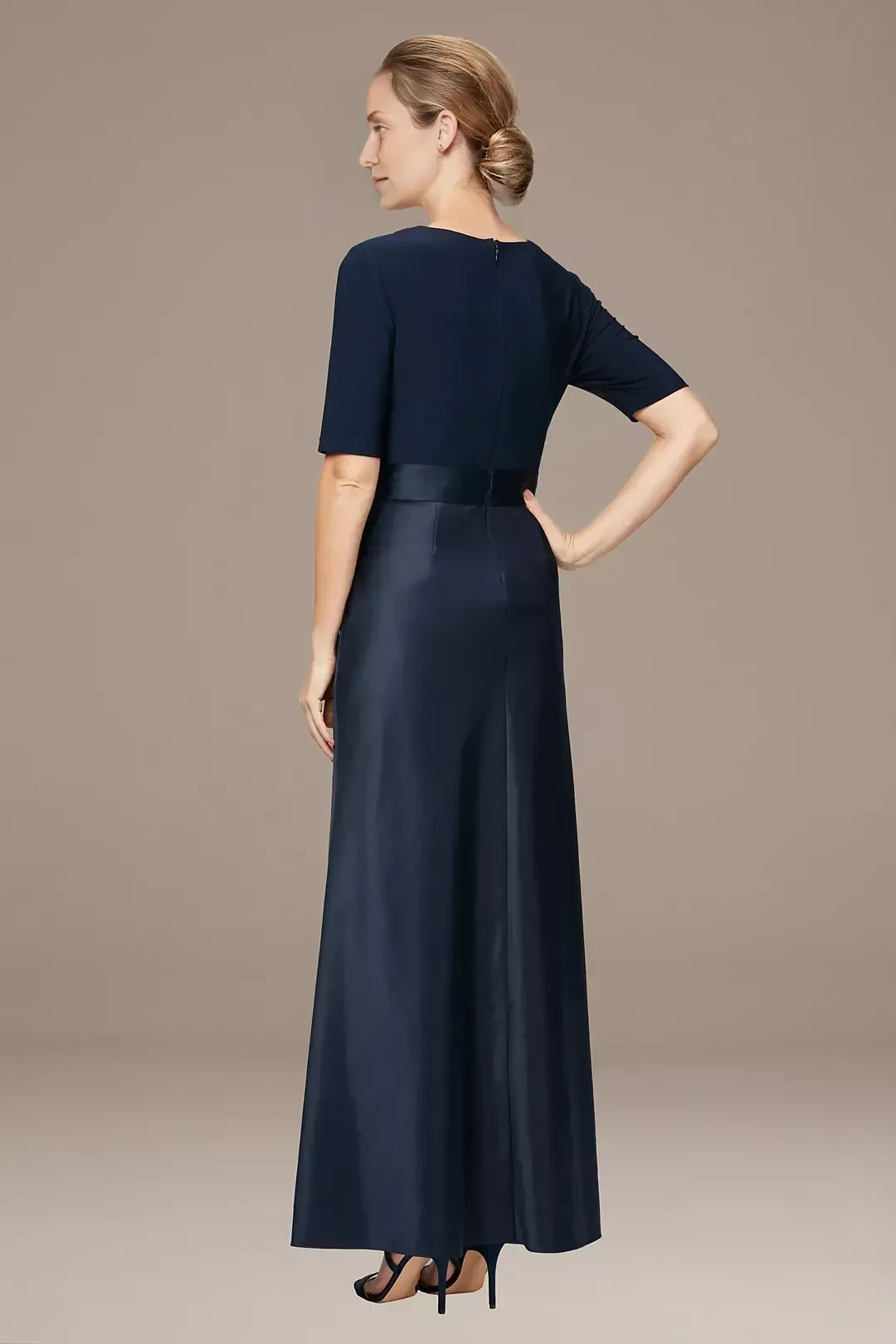 Stylish A Line V Neck Three Quarter Sleeve Plain Back Floor Length Mother of the Bride Dress