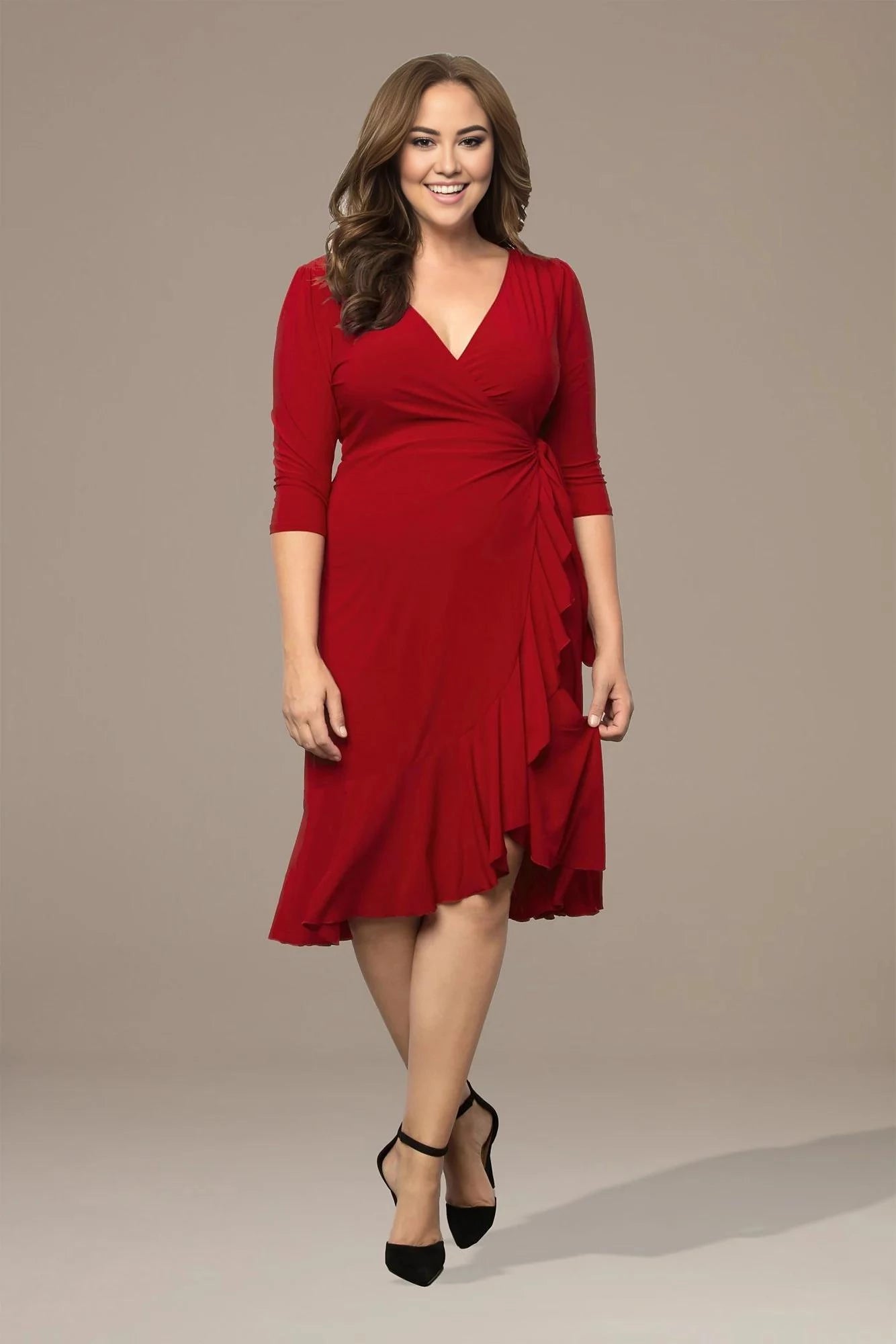 Stylish A Line V Neck Three Quarter Sleeve Ruched Back Midi Length Plus Size Mother of the Bride Dress